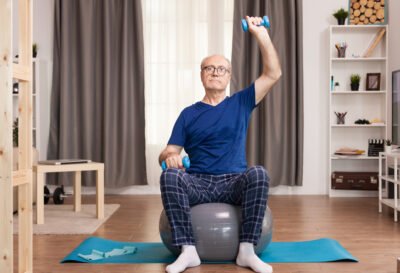 Grandfather using dumbbells being careful with his health. Old person pensioner online internet exercise training at home sport activity with dumbbell, resistance band, swiss ball at elderly retirement age.